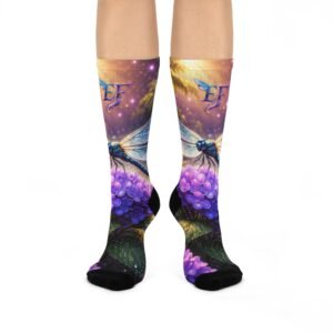 echoflame dragonfly & hydrangea cushioned crew socks — mystical floral nature design