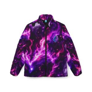 echoflame women’s puffer jacket — purple flame skull all over print