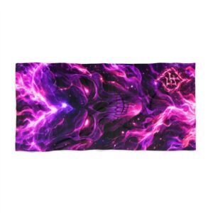 echoflame purple nebula skull beach towel | cosmic skull waves