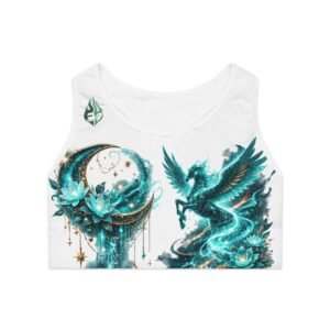 echoflame teal pegasus and crescent moon sports bra | fantasy winged horse activewear