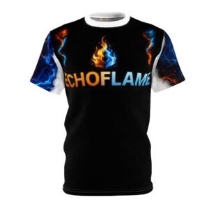 echoflame graphic tee — blue & orange flame all over print