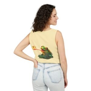 echoflame frog & fly graphic tank top — vintage nature crest front pocket + big back frog art