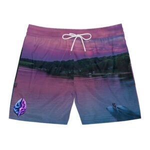 echoflame sunset lake scene swim shorts | purple lake print