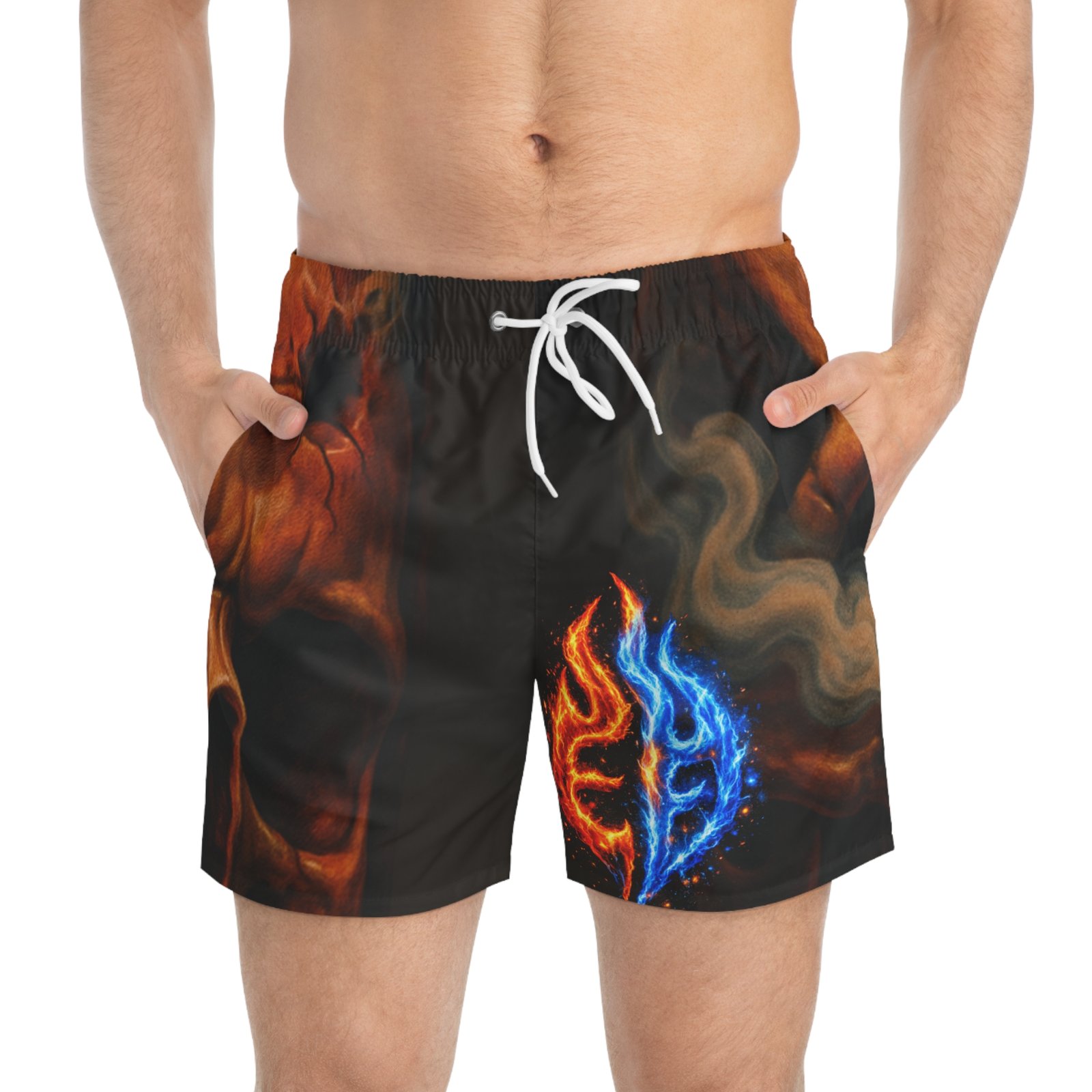 echoflame fire and ice mask swim trunks | flame duality all over print echoflame fire and ice mask swim trunks | flame duality all over print