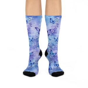 echoflame blue watercolor butterflies cushioned crew socks | purple butterfly pattern