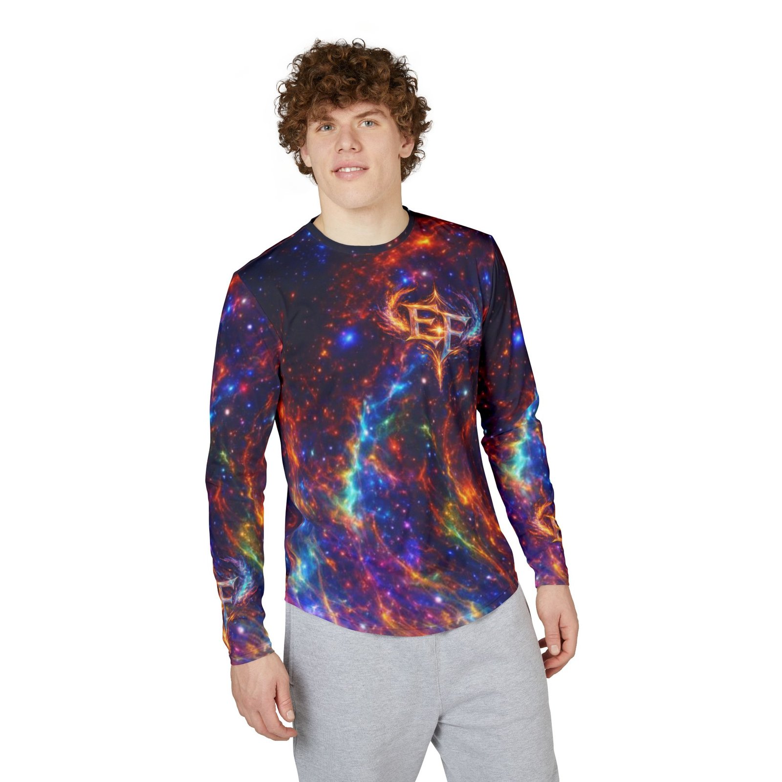 echoflame galaxy flame logo long sleeve shirt — uv protection men's athletic top echoflame galaxy flame logo long sleeve shirt — uv protection men's athletic top
