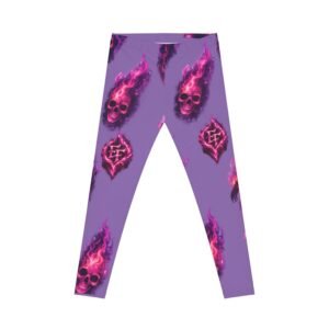 echoflame pink flaming skull pattern leggings | purple all over print