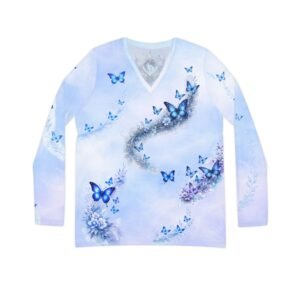 echoflame blue butterfly swirl long sleeve v neck shirt