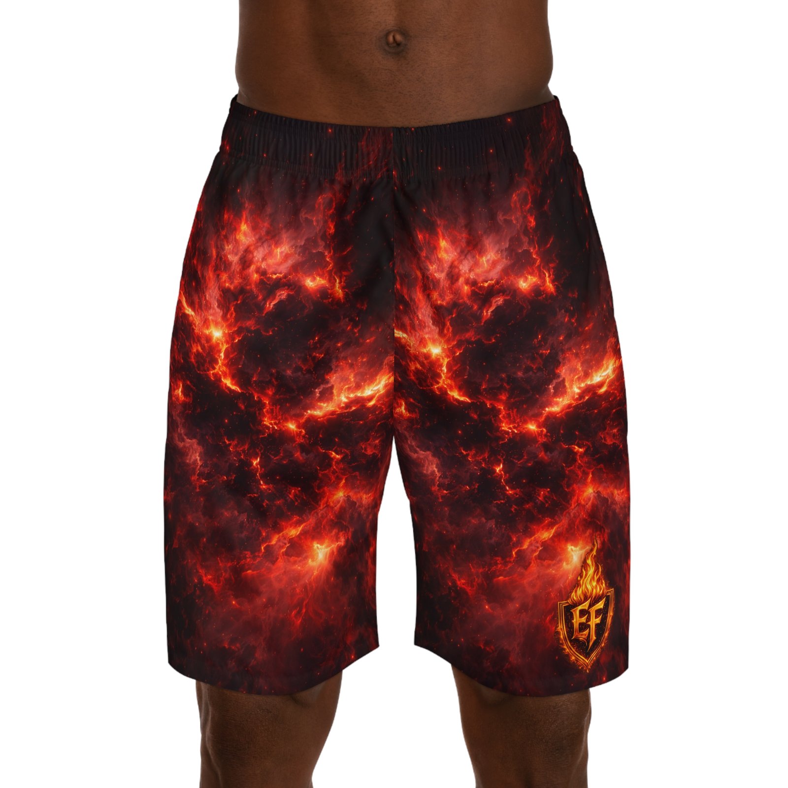 echoflame men's flame nebula jogger shorts — fiery all over print echoflame men's flame nebula jogger shorts — fiery all over print