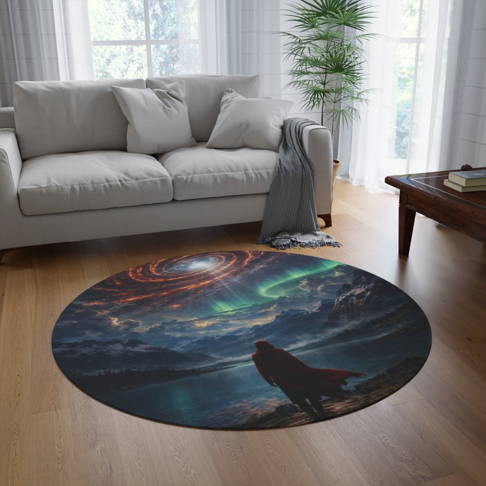echoflame cosmic voyager round rug | northern lights, galaxy sky, scenic landscape echoflame cosmic voyager round rug | northern lights, galaxy sky, scenic landscape