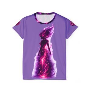 echoflame purple cosmic flame jersey women's athletic tee with mystic skull & galactic figure