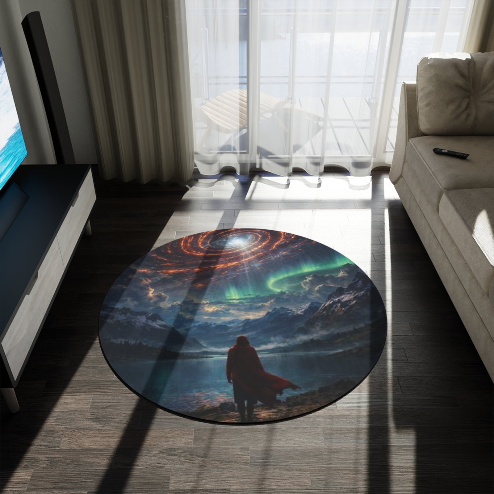 echoflame cosmic voyager round rug | northern lights, galaxy sky, scenic landscape echoflame cosmic voyager round rug | northern lights, galaxy sky, scenic landscape