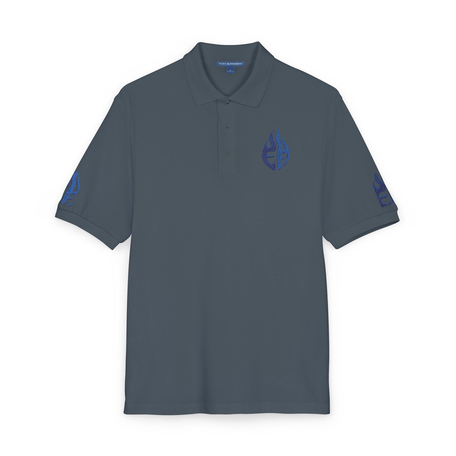 echoflame blue tribal flame embroidery polo shirt | embroidered logo polo echoflame blue tribal flame embroidery polo shirt | embroidered logo polo