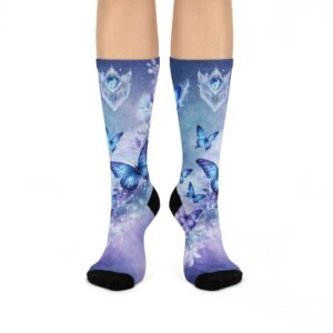 echoflame blue watercolor butterflies cushioned crew socks | purple floral fantasy