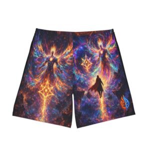 echoflame cosmic phoenix beach shorts mythic flame all‑over print