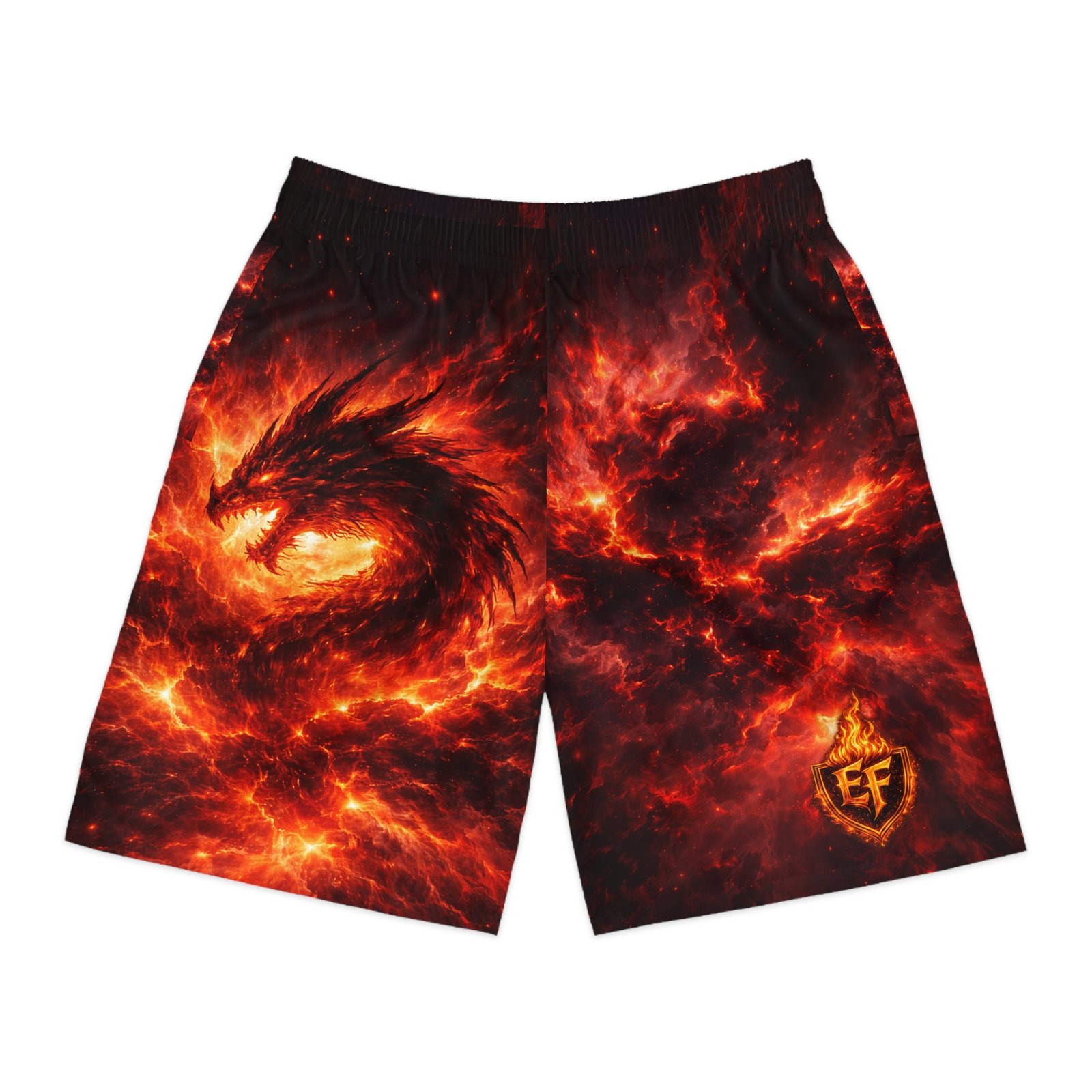 echoflame fire dragon jogger shorts — fiery all over print men's athletic shorts echoflame fire dragon jogger shorts — fiery all over print men's athletic shorts