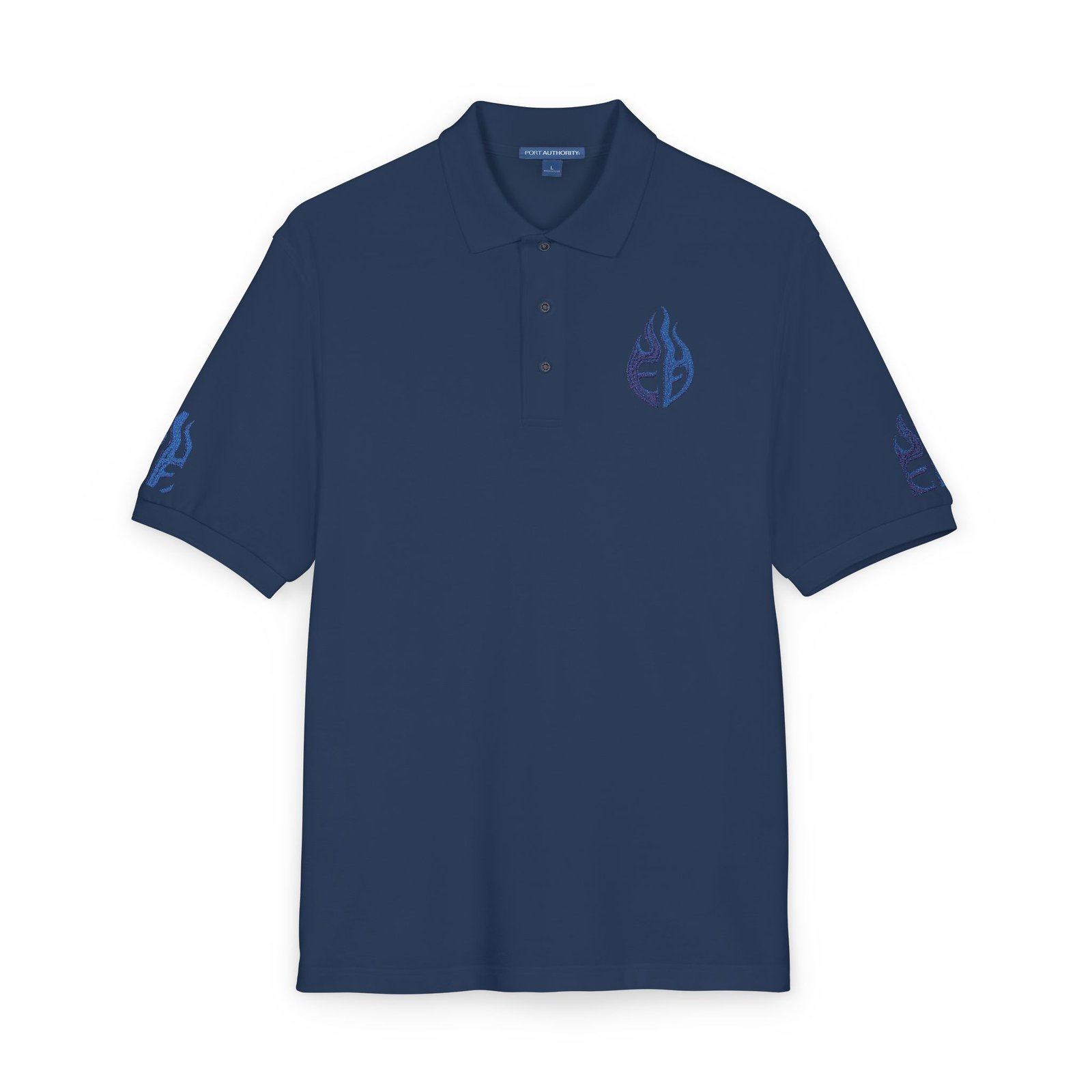 echoflame blue tribal flame embroidery polo shirt | embroidered logo polo echoflame blue tribal flame embroidery polo shirt | embroidered logo polo