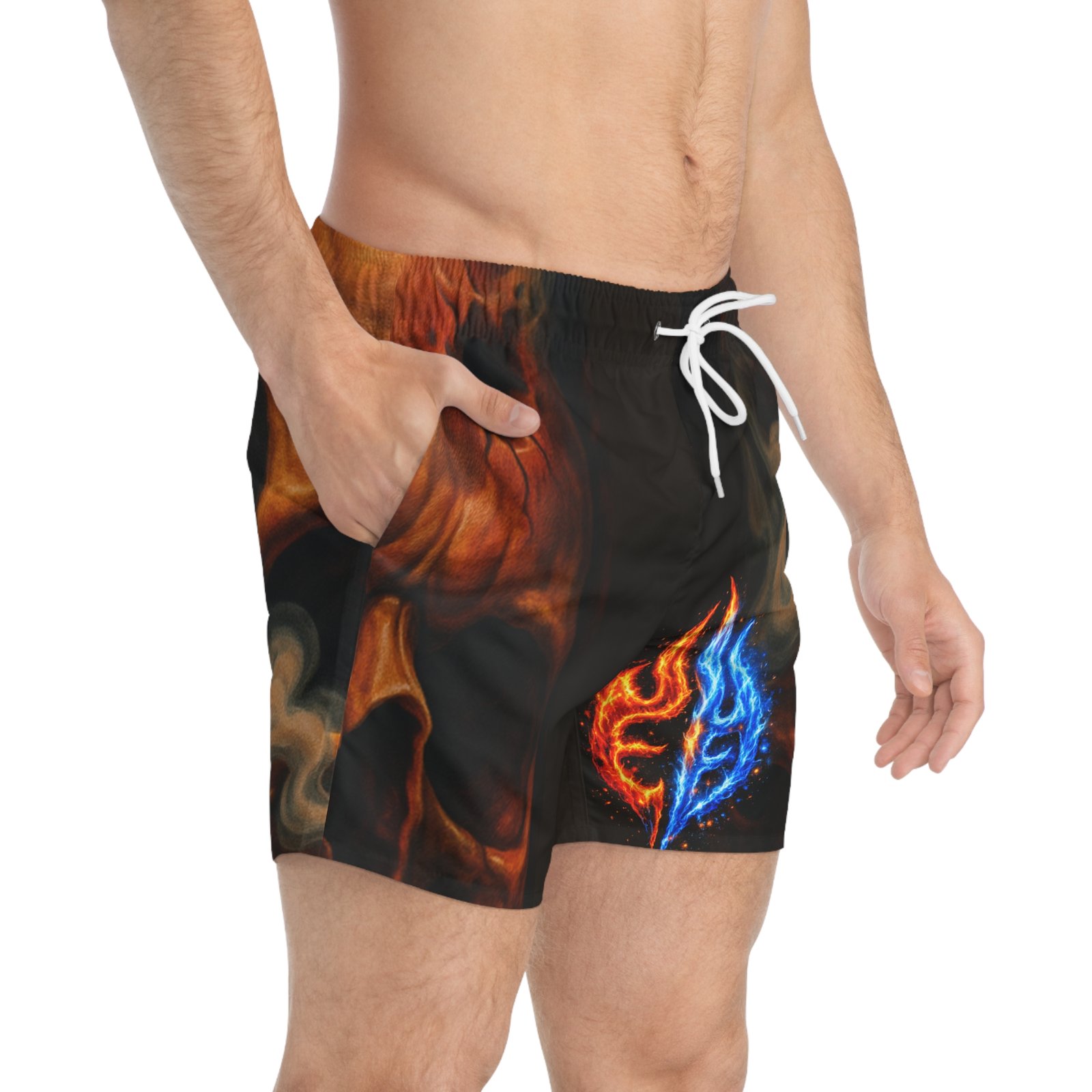 echoflame fire and ice mask swim trunks | flame duality all over print echoflame fire and ice mask swim trunks | flame duality all over print