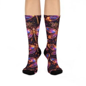 echoflame dragonfly crew socks — colorful mystical dragonfly pattern cushioned socks