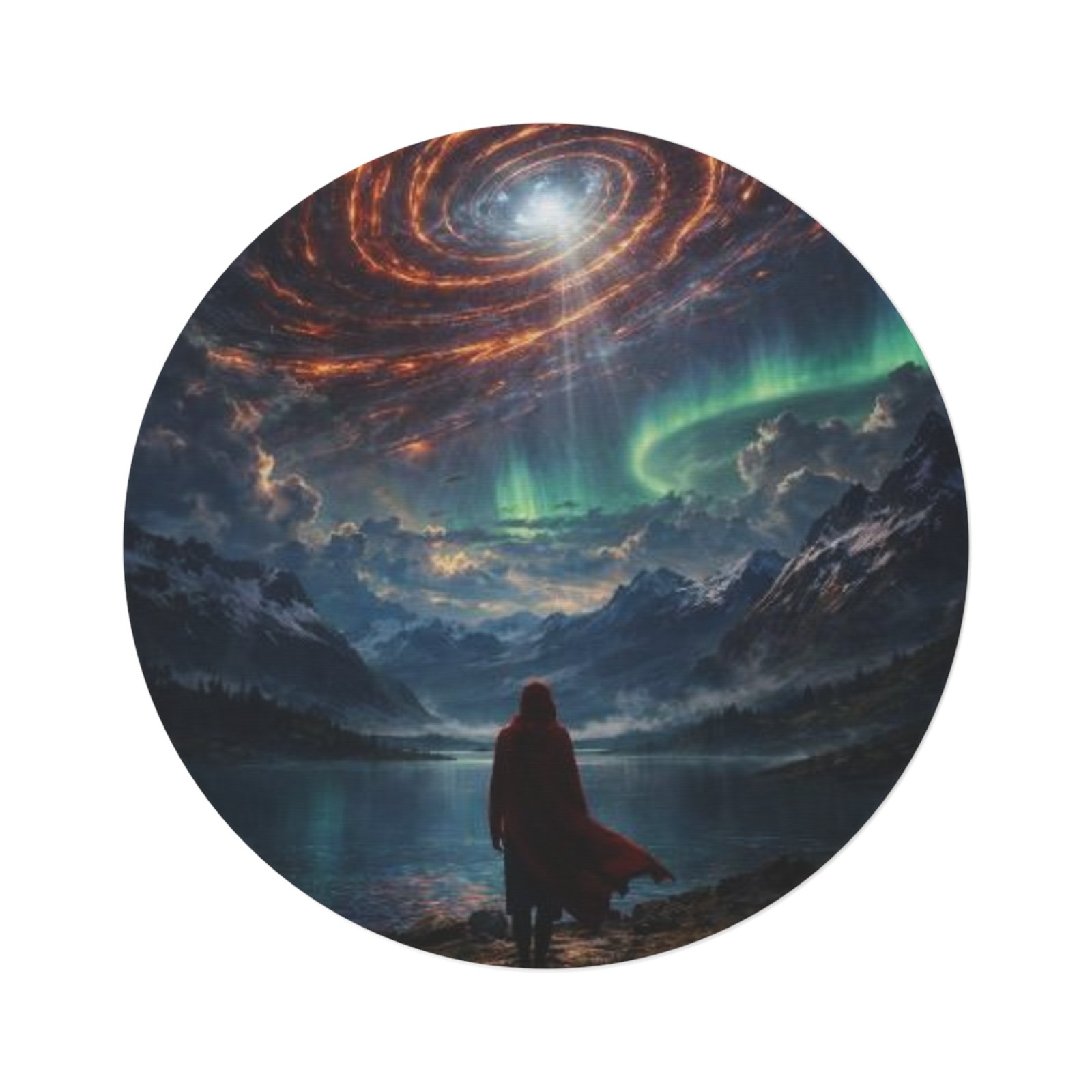 echoflame cosmic voyager round rug | northern lights, galaxy sky, scenic landscape echoflame cosmic voyager round rug | northern lights, galaxy sky, scenic landscape