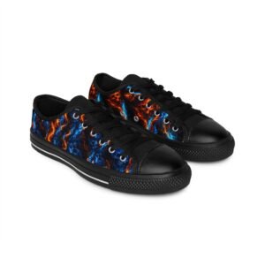 echoflame blue orange flame pattern men's sneakers | abstract fire lightning print