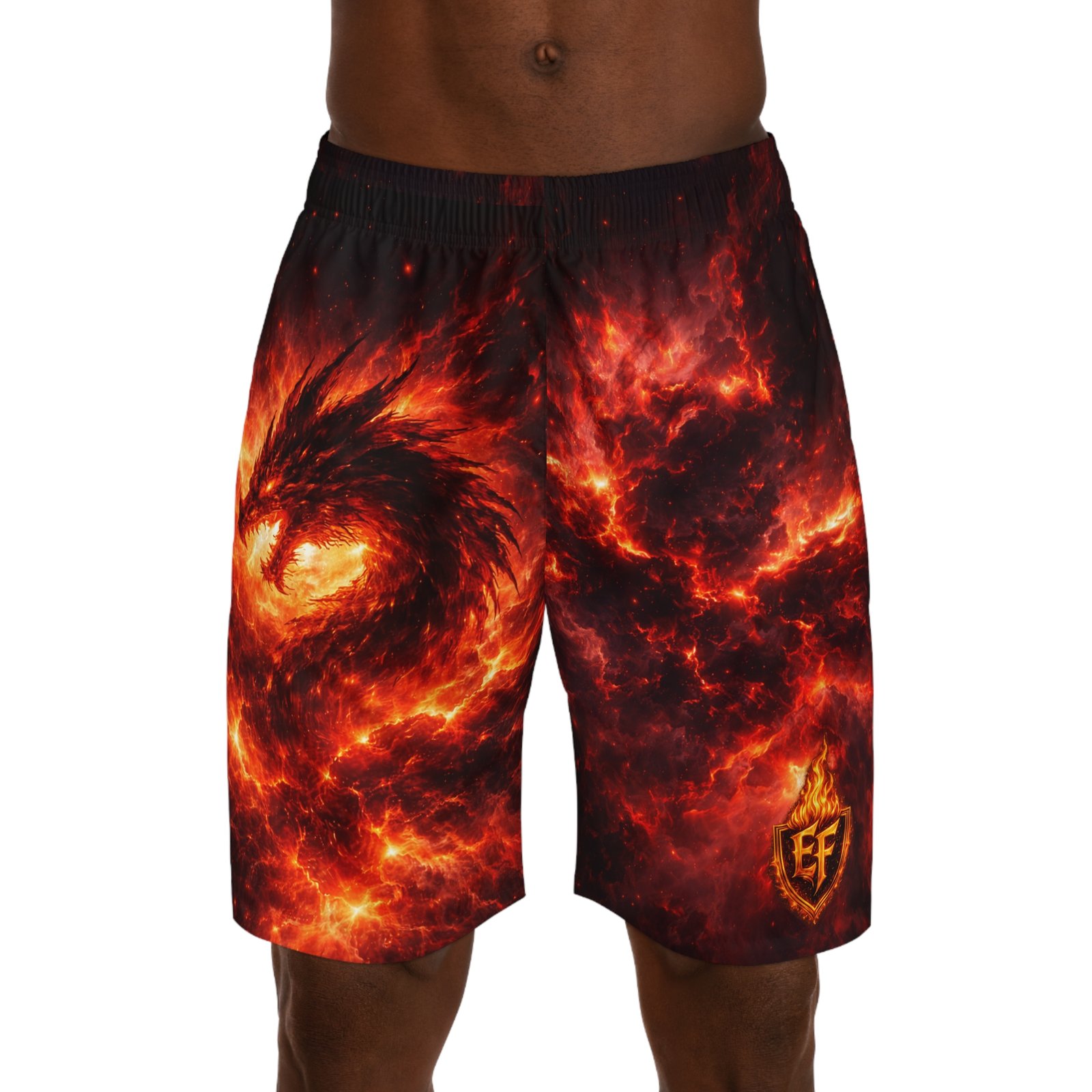 echoflame fire dragon jogger shorts — fiery all over print men's athletic shorts echoflame fire dragon jogger shorts — fiery all over print men's athletic shorts