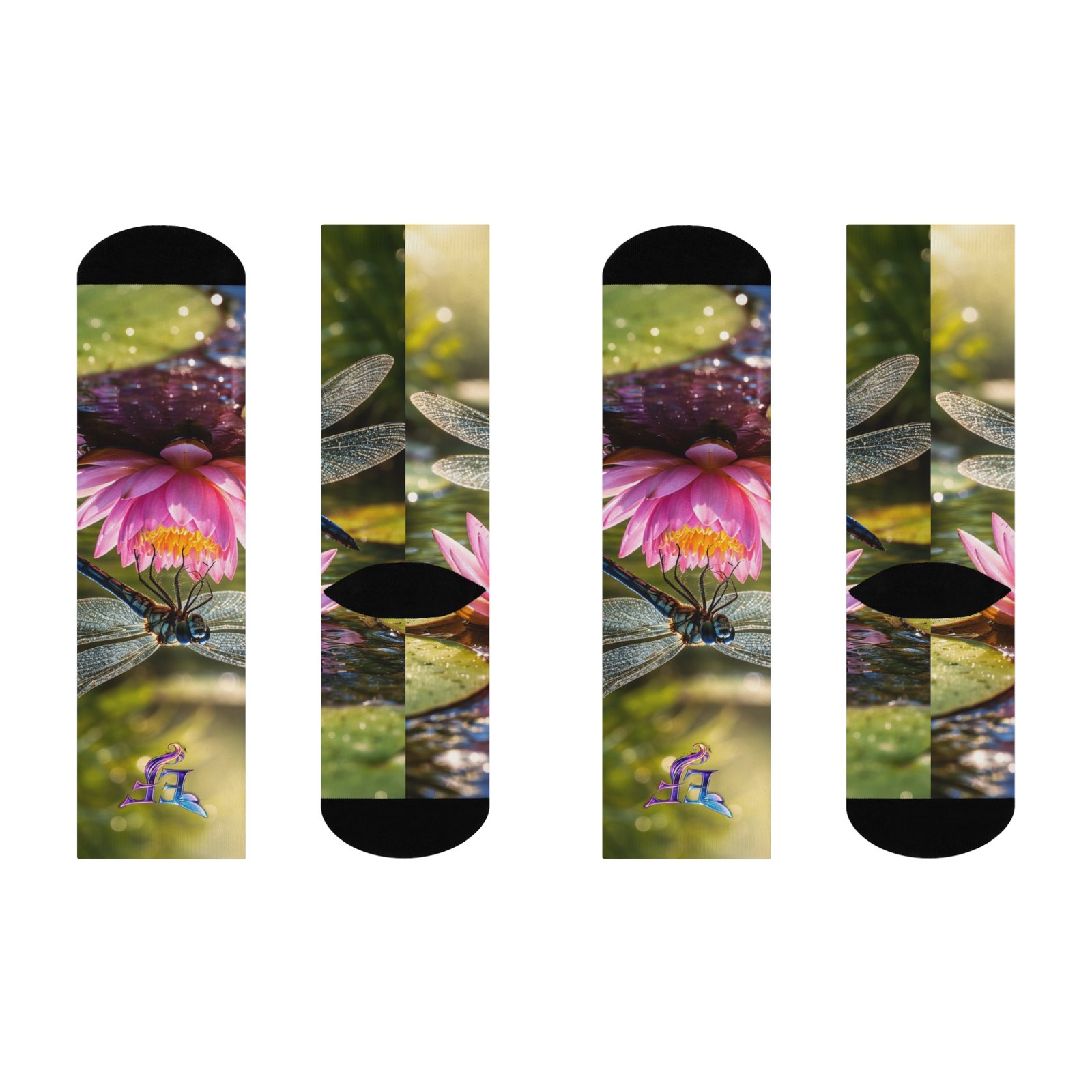 echoflame dragonfly floral crew socks — cushioned nature socks with pink lotus echoflame dragonfly floral crew socks — cushioned nature socks with pink lotus