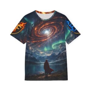 echoflame galactic phoenix warrior men's jersey | cosmic spiral, aurora landscape