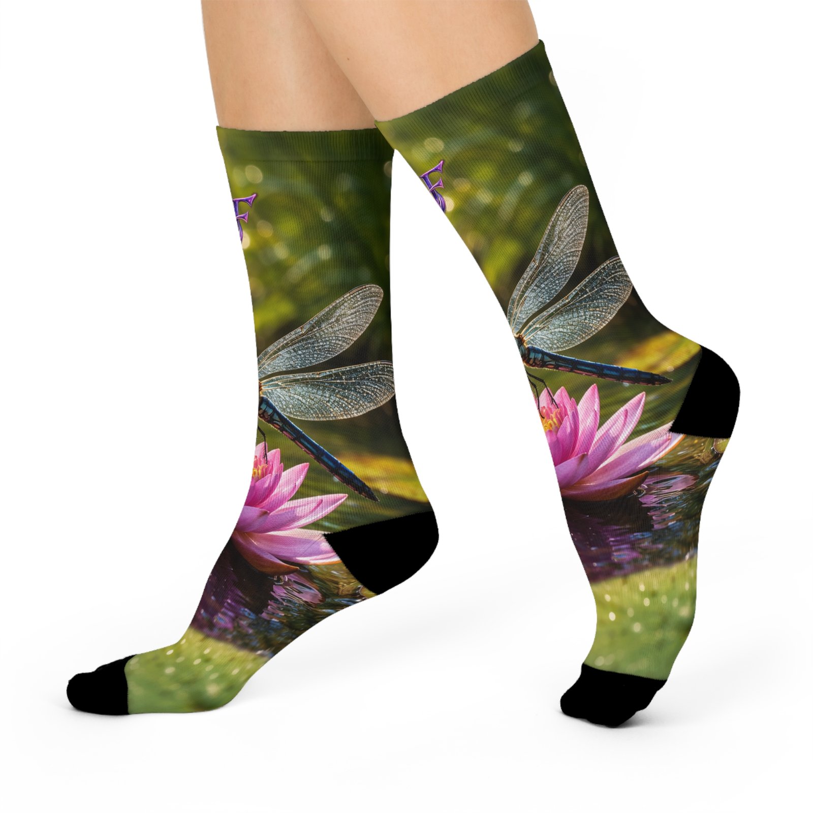 echoflame dragonfly floral crew socks — cushioned nature socks with pink lotus echoflame dragonfly floral crew socks — cushioned nature socks with pink lotus