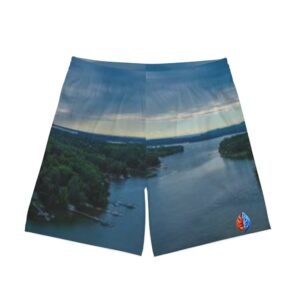 echoflame lake aerial photo beach shorts | scenic waterfall river print