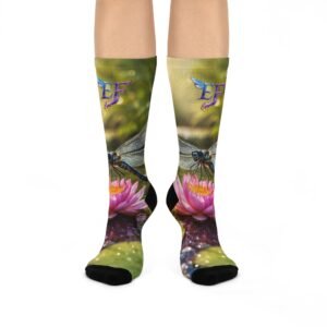echoflame dragonfly floral crew socks — cushioned nature socks with pink lotus