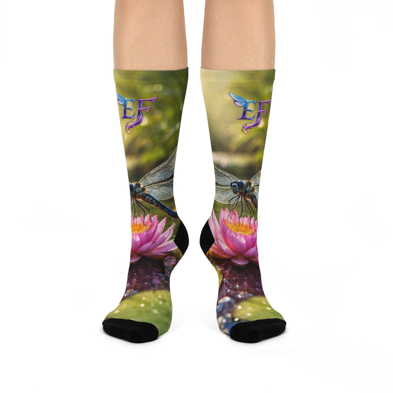 echoflame dragonfly floral crew socks — cushioned nature socks with pink lotus echoflame dragonfly floral crew socks — cushioned nature socks with pink lotus