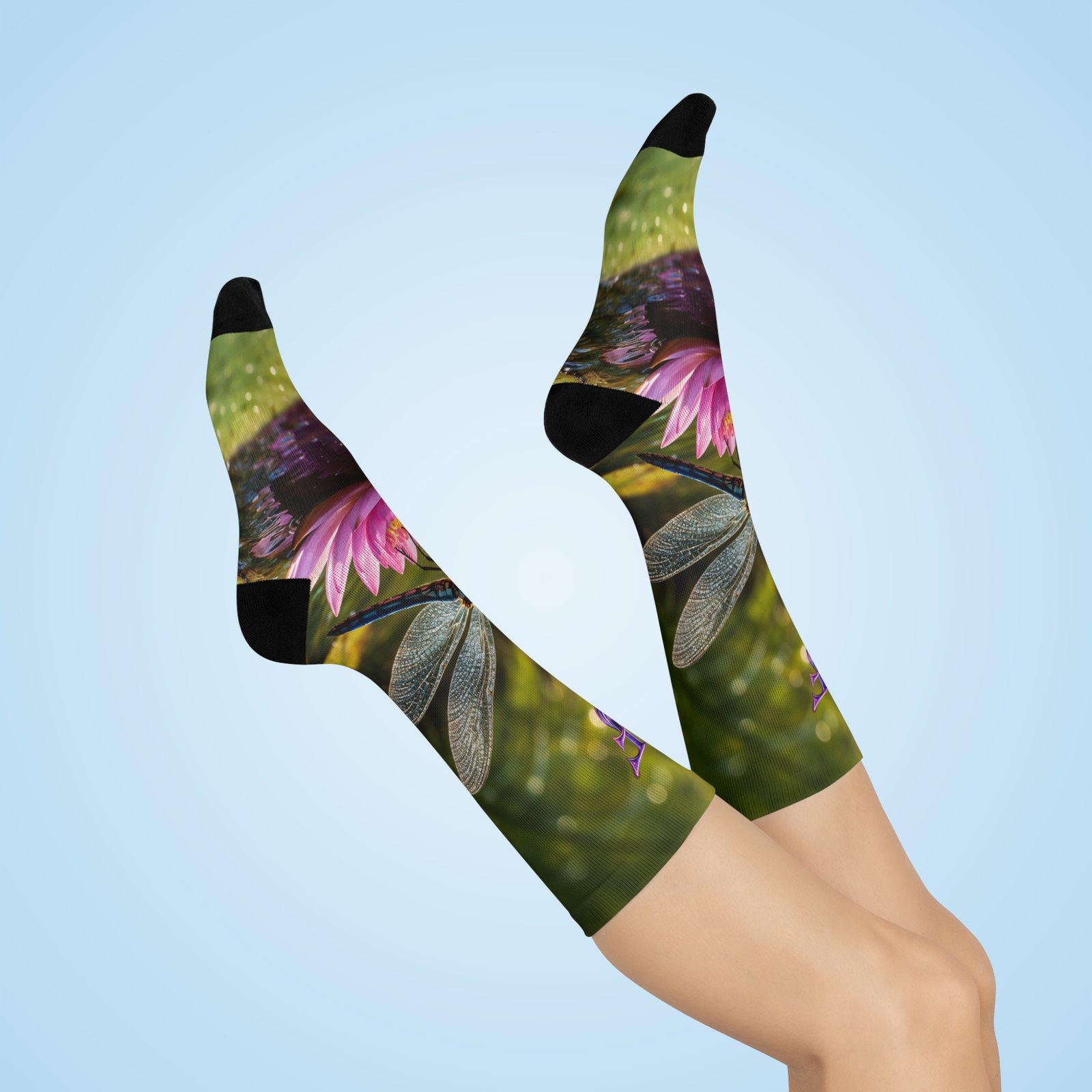 echoflame dragonfly floral crew socks — cushioned nature socks with pink lotus echoflame dragonfly floral crew socks — cushioned nature socks with pink lotus