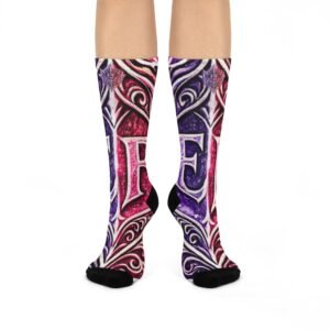 echoflame monogram ef letter socks cushioned crew socks | pink purple swirl pattern