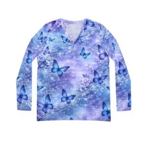 echoflame blue butterfly v neck long sleeve women's all over print top
