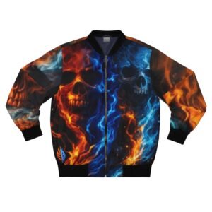 echoflame flaming skull design bomber jacket | fire and blue flame skull jacket