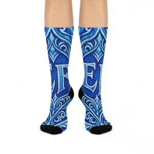 echoflame blue celtic monogram e and f crew socks | cushioned crew socks