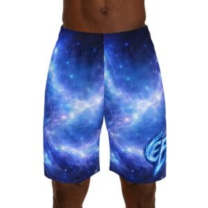echoflame galaxy nebula jogger shorts — blue space aop with flame emblem