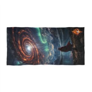 echoflame cosmic vortex beach towel | astronaut silhouette, aurora night sky
