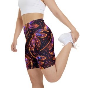 echoflame dragonfly print women's workout shorts — vibrant galaxy aop activewear