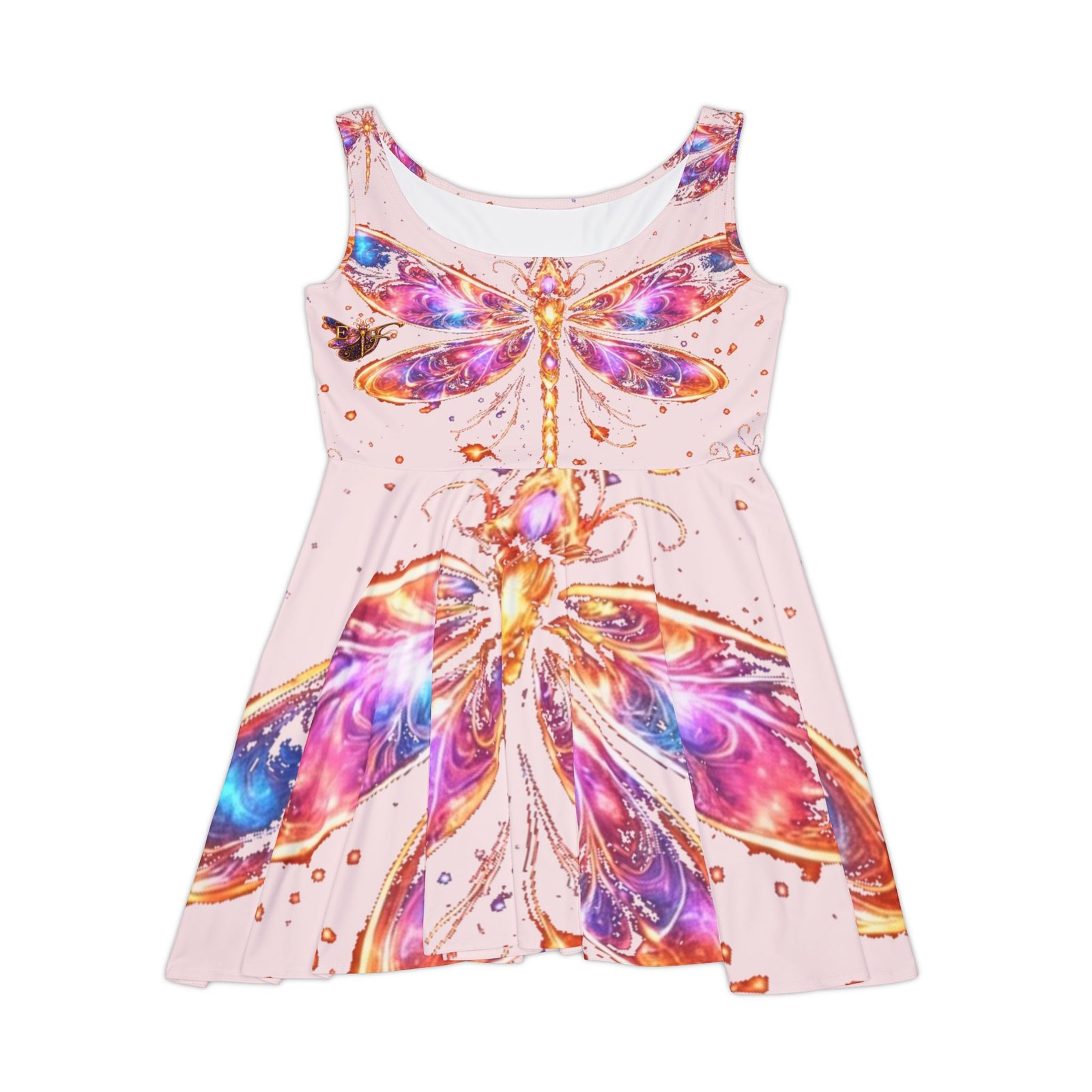 echoflame dragonfly watercolor skater dress — pink floral fantasy aop echoflame dragonfly watercolor skater dress — pink floral fantasy aop