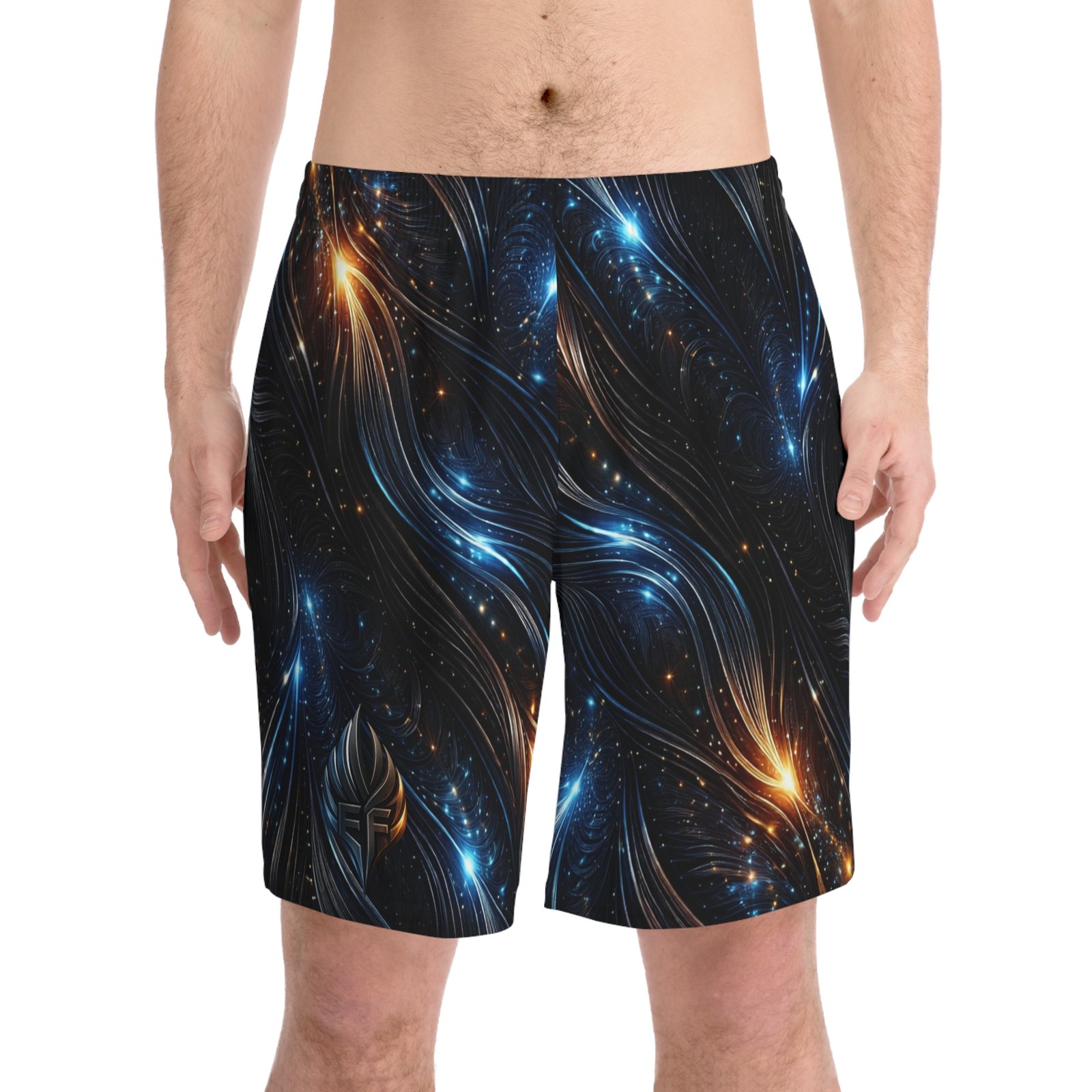 echoflame galaxy flow men's beach shorts — cosmic blue & amber swirl aop echoflame galaxy flow men's beach shorts — cosmic blue & amber swirl aop