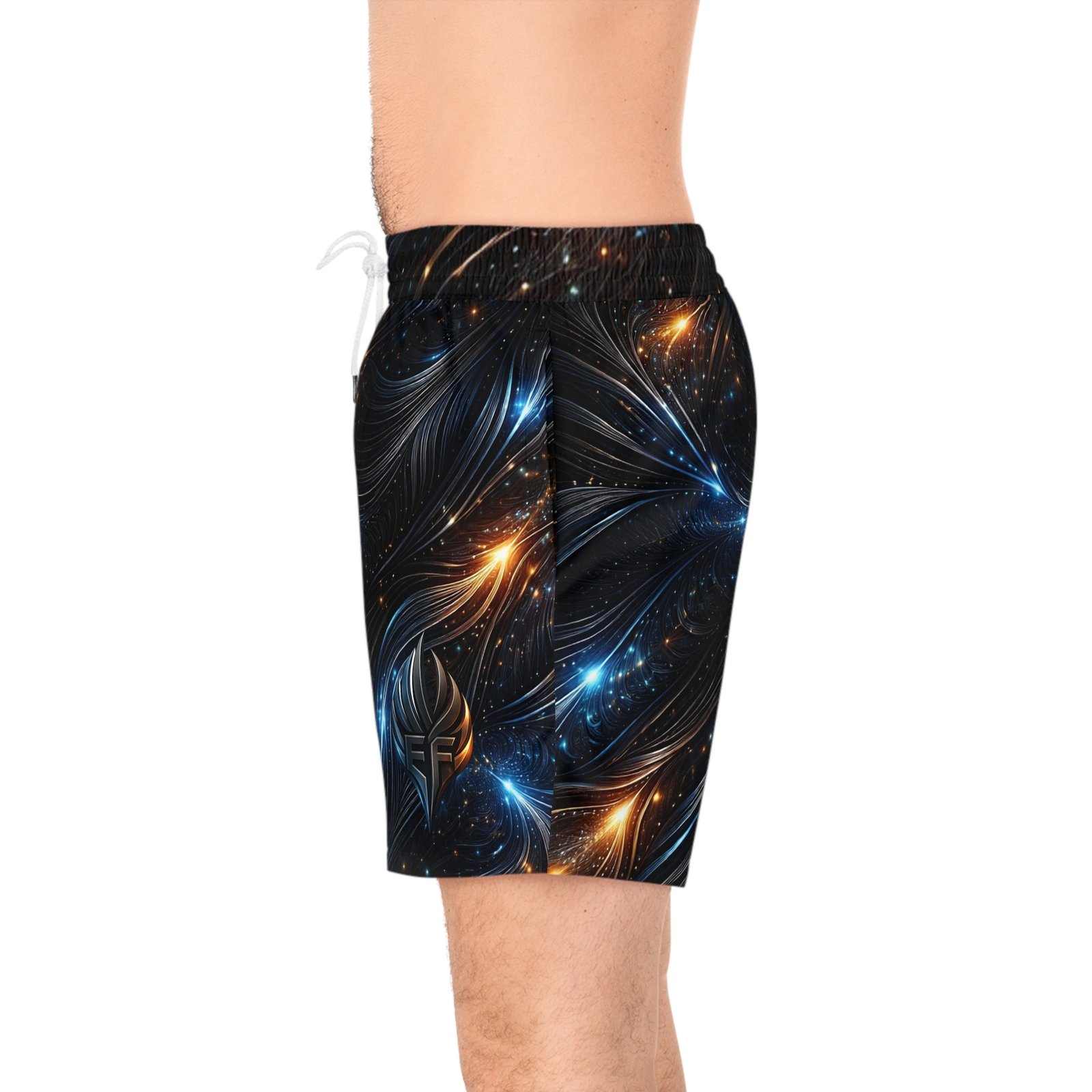 echoflame galaxy swirl swim shorts — men's mid length space print echoflame galaxy swirl swim shorts — men's mid length space print