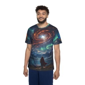 echoflame galactic phoenix warrior men's jersey | cosmic spiral, aurora landscape