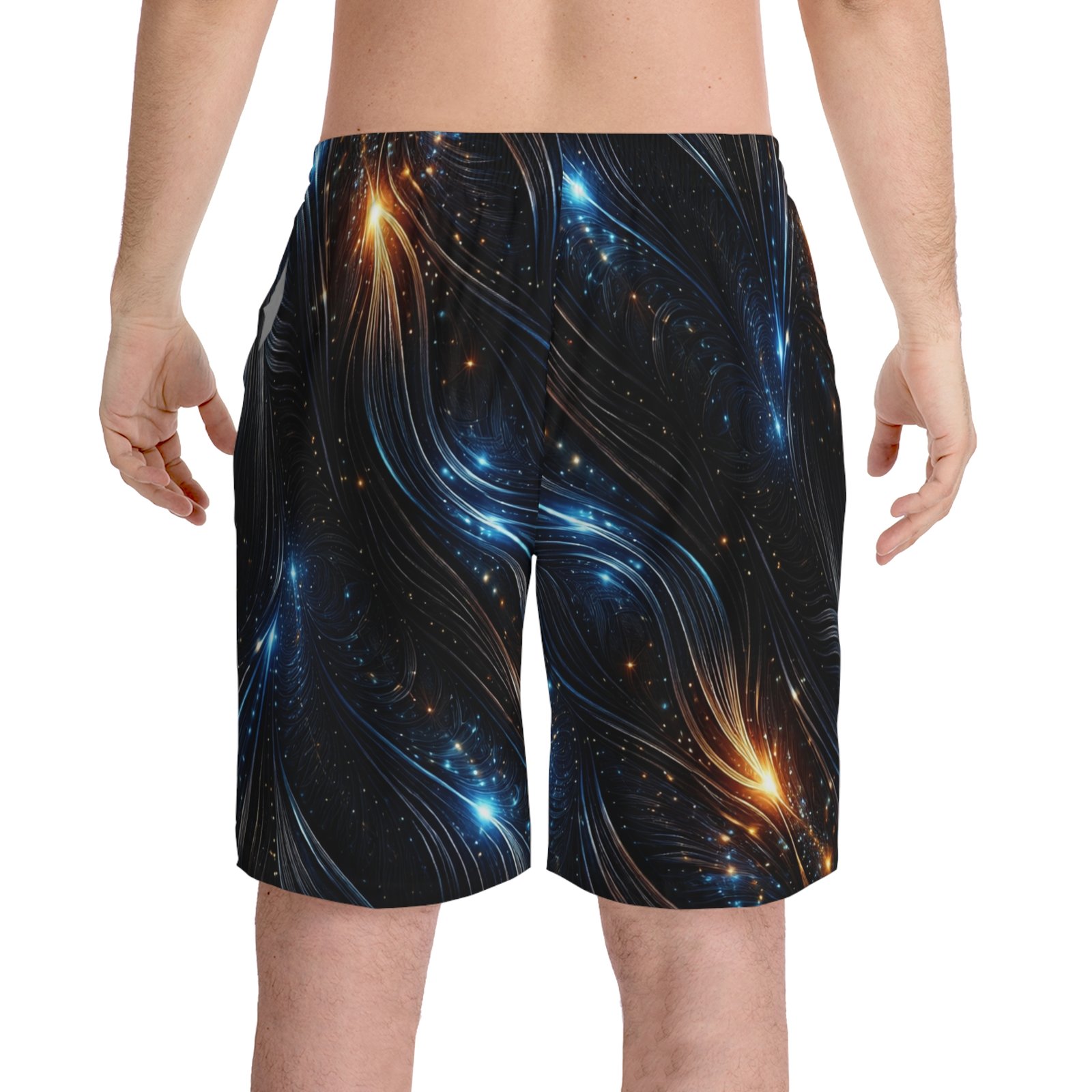 echoflame galaxy flow men's beach shorts — cosmic blue & amber swirl aop echoflame galaxy flow men's beach shorts — cosmic blue & amber swirl aop