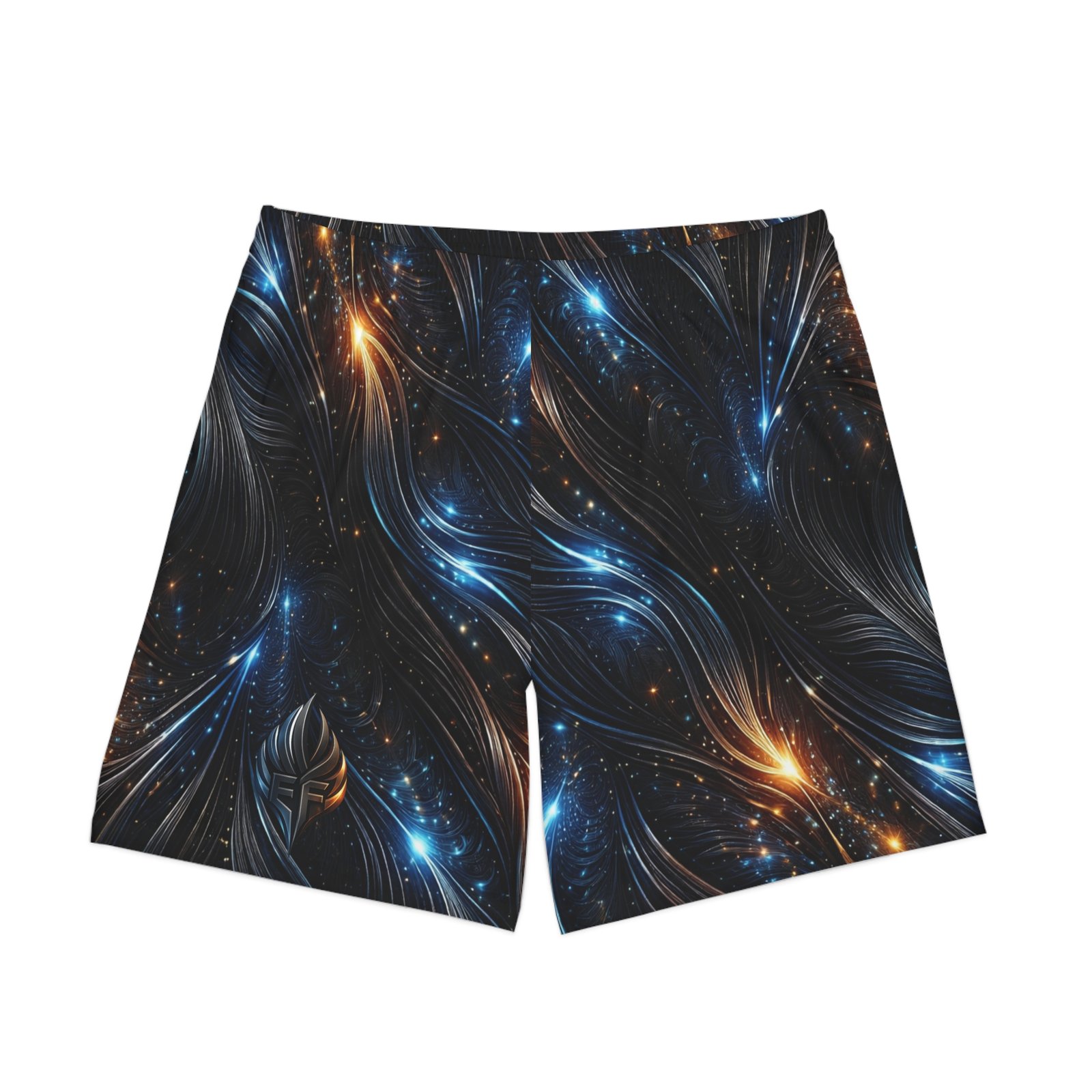 echoflame galaxy flow men's beach shorts — cosmic blue & amber swirl aop echoflame galaxy flow men's beach shorts — cosmic blue & amber swirl aop
