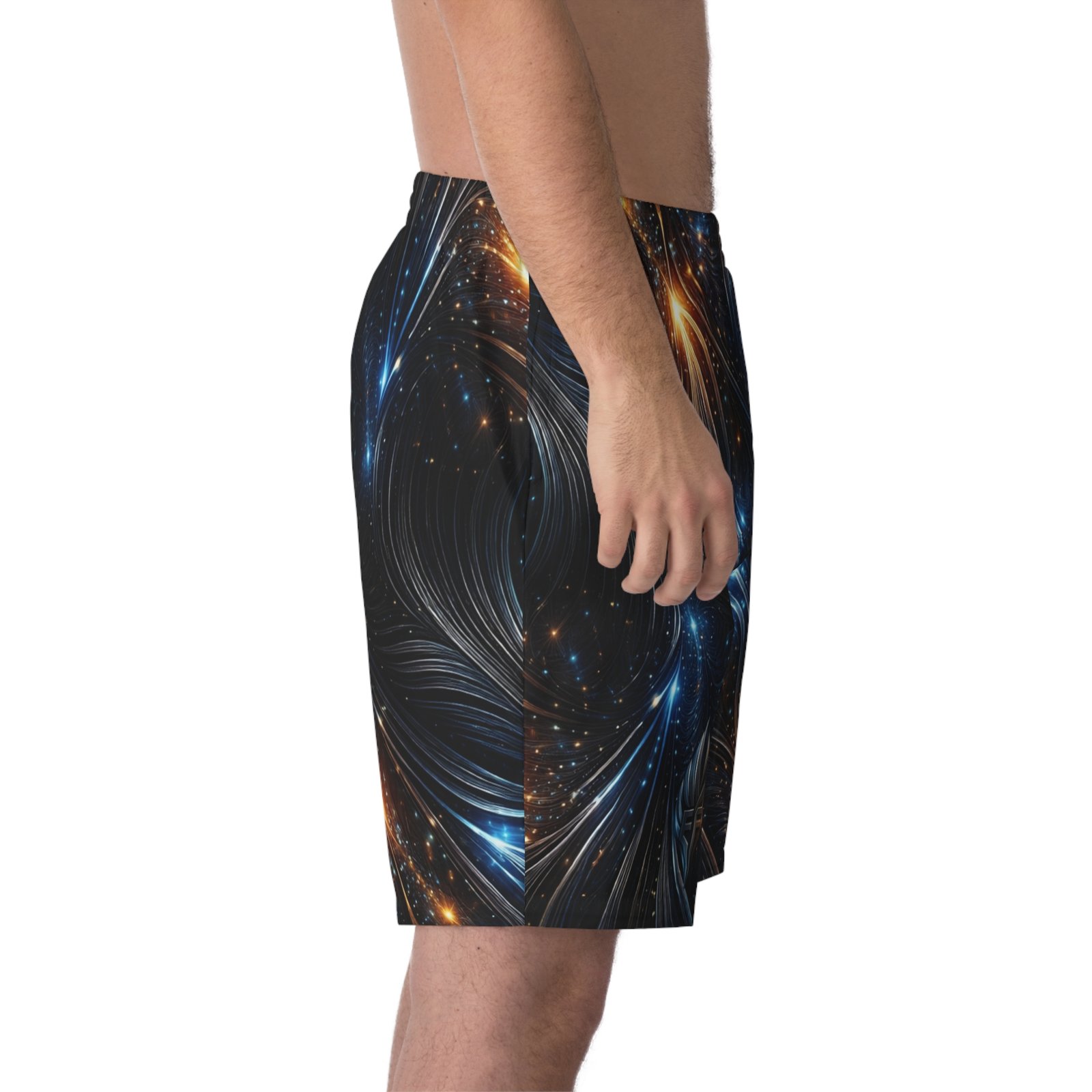echoflame galaxy flow men's beach shorts — cosmic blue & amber swirl aop echoflame galaxy flow men's beach shorts — cosmic blue & amber swirl aop