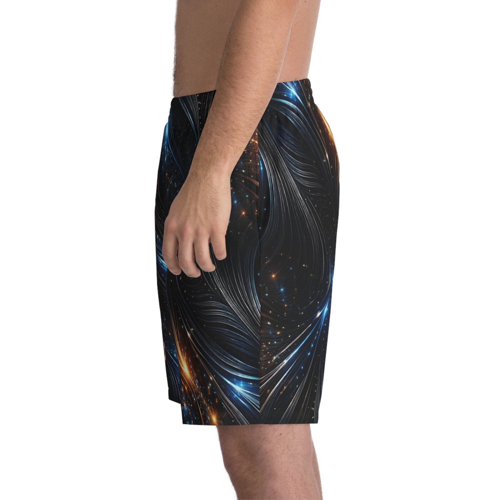 echoflame galaxy flow men's beach shorts — cosmic blue & amber swirl aop echoflame galaxy flow men's beach shorts — cosmic blue & amber swirl aop