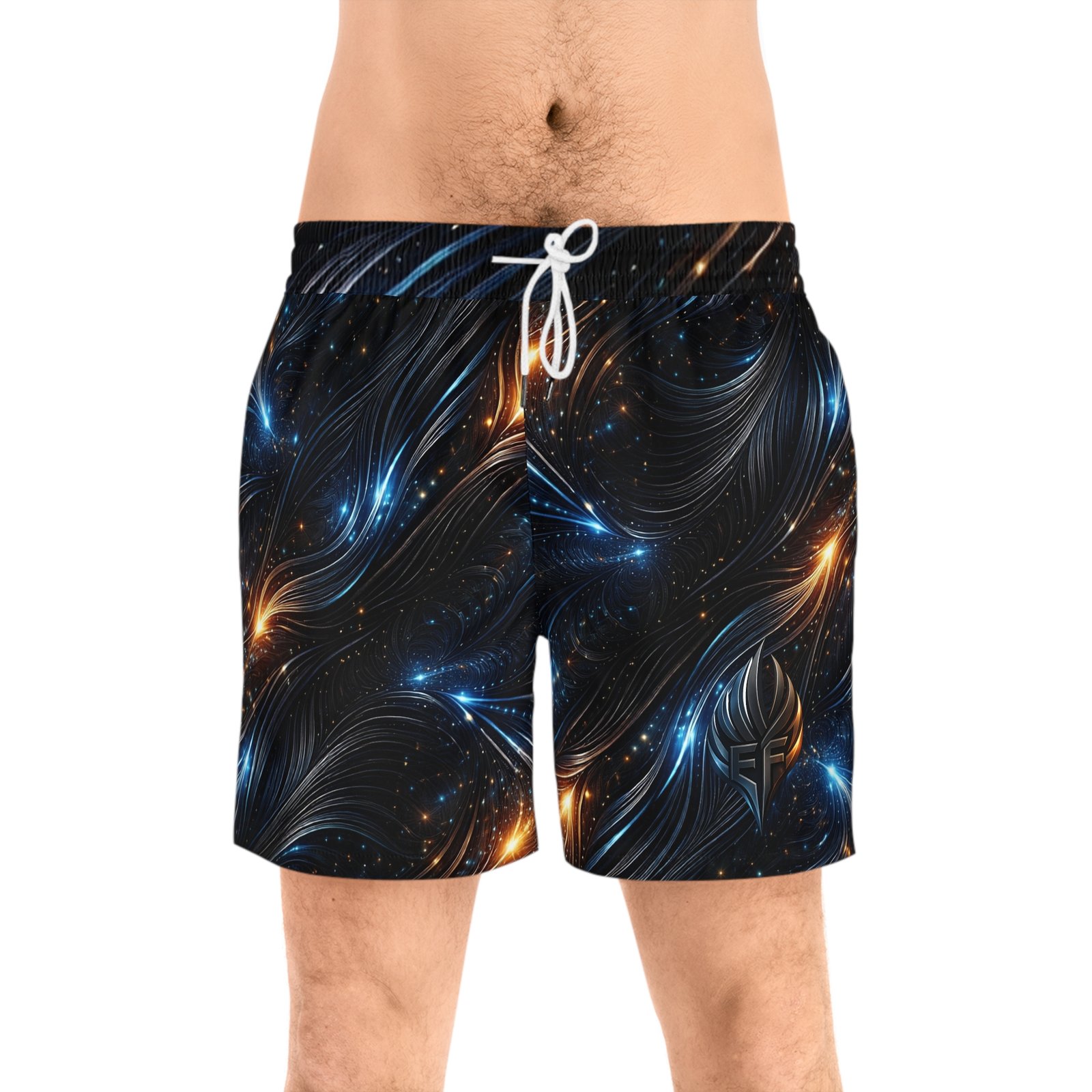 echoflame galaxy swirl swim shorts — men's mid length space print echoflame galaxy swirl swim shorts — men's mid length space print