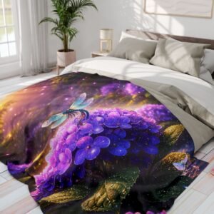 echoflame hydrangea dragonfly fleece blanket magical purple floral throw